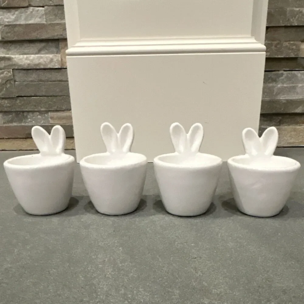 Hobby Lobby Set of 4 Bunny Ear Ceramic Egg Cups White Easter